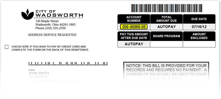 An example of a Wadsworth utility bill showing the location of the account number